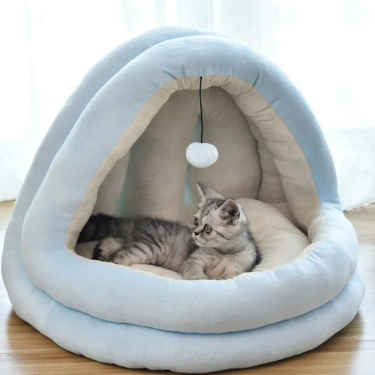 Paw Retreat - Soft & Cozy Enclosed Cat Bed with Ball Toy